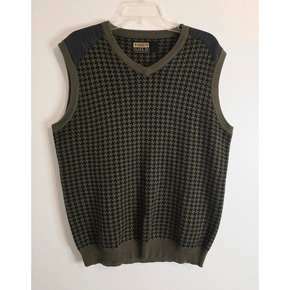 Vibes Gold Sweater Vest V-Neck Olive & Black Houndstooth Men's Large